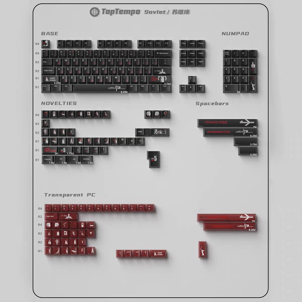 Keyboard components including keys and keycaps on a gray background with branding at the top.