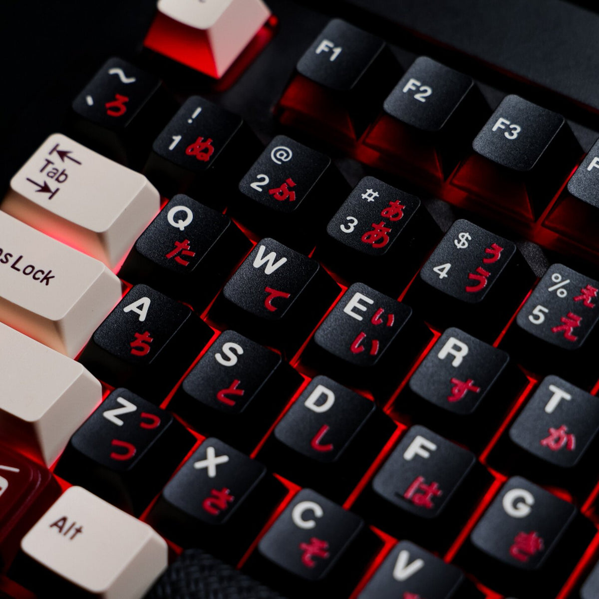 Roman Japanese Keycaps – Black & White Cherry Profile PBT with Red Kana Sub-legends