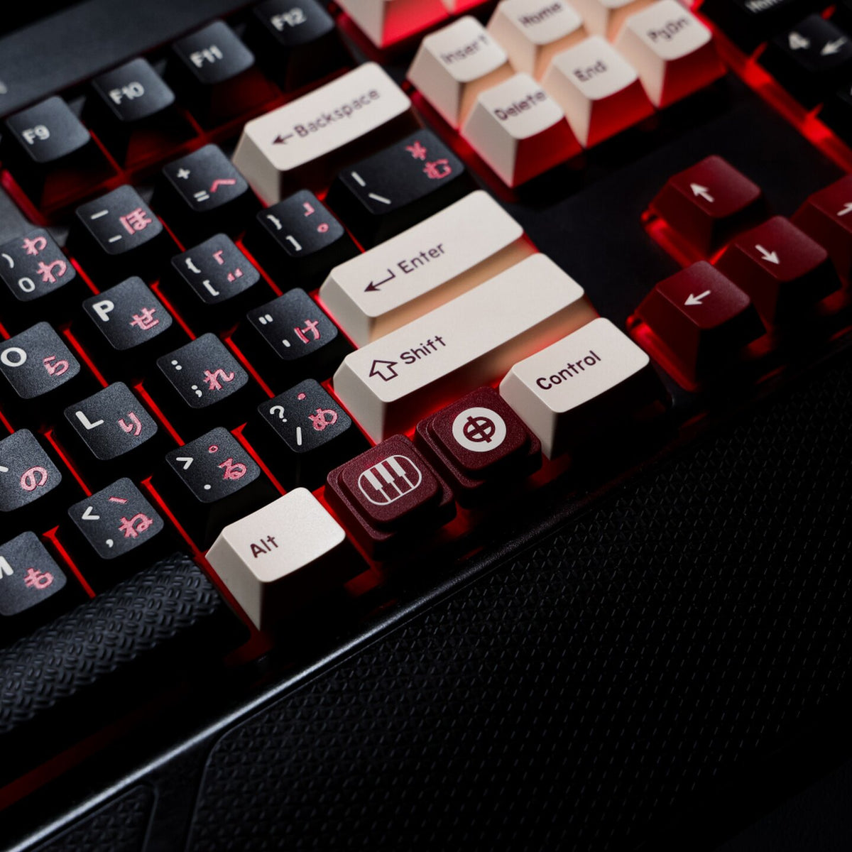 Roman Japanese Keycaps – Black & White Cherry Profile PBT with Red Kana Sub-legends