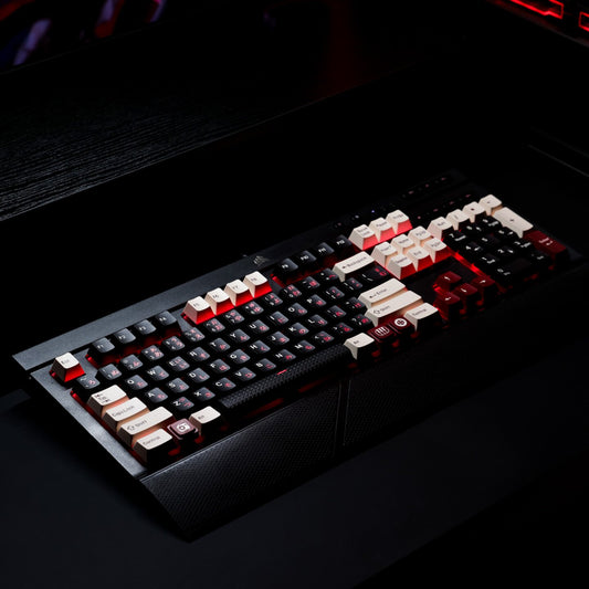 Roman Japanese Keycaps – Black & White Cherry Profile PBT with Red Kana Sub-legends