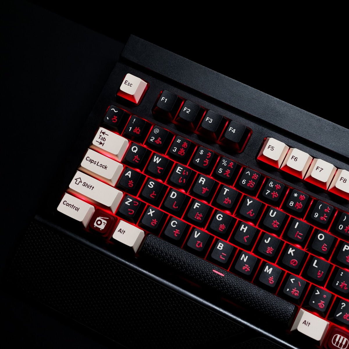 Roman Japanese Keycaps – Black & White Cherry Profile PBT with Red Kana Sub-legends