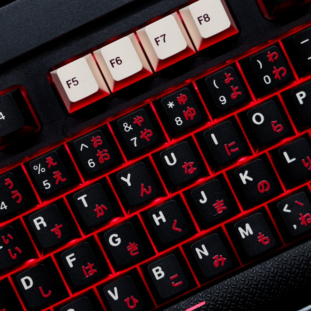 Roman Japanese Keycaps – Black & White Cherry Profile PBT with Red Kana Sub-legends