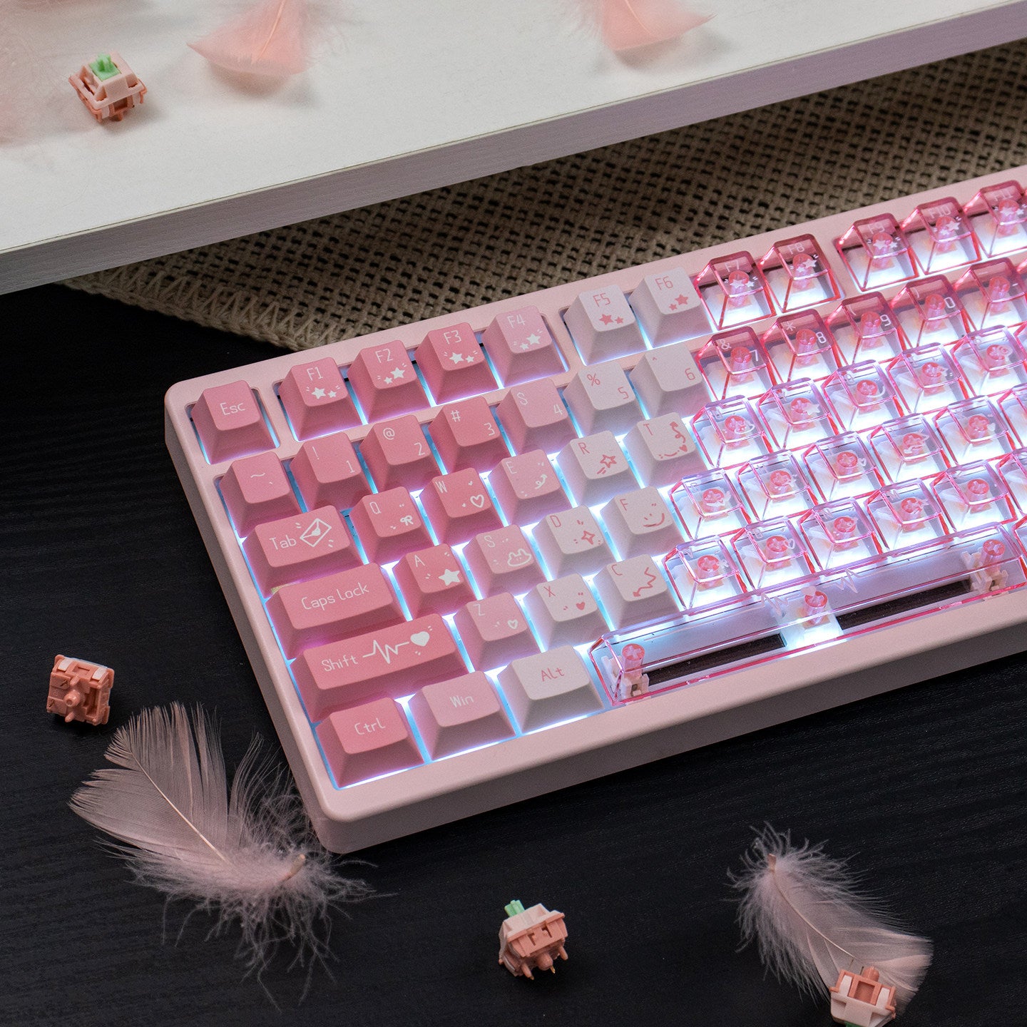 Cherry CZL Strawberry Heartbeat PC Pink mechanical keyboard with transparent keycaps, mechanical switches, and custom gaming setup layout.