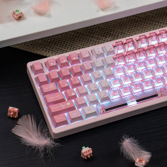 Cherry CZL Strawberry Heartbeat PC Pink mechanical keyboard with transparent keycaps, mechanical switches, and custom gaming setup layout.