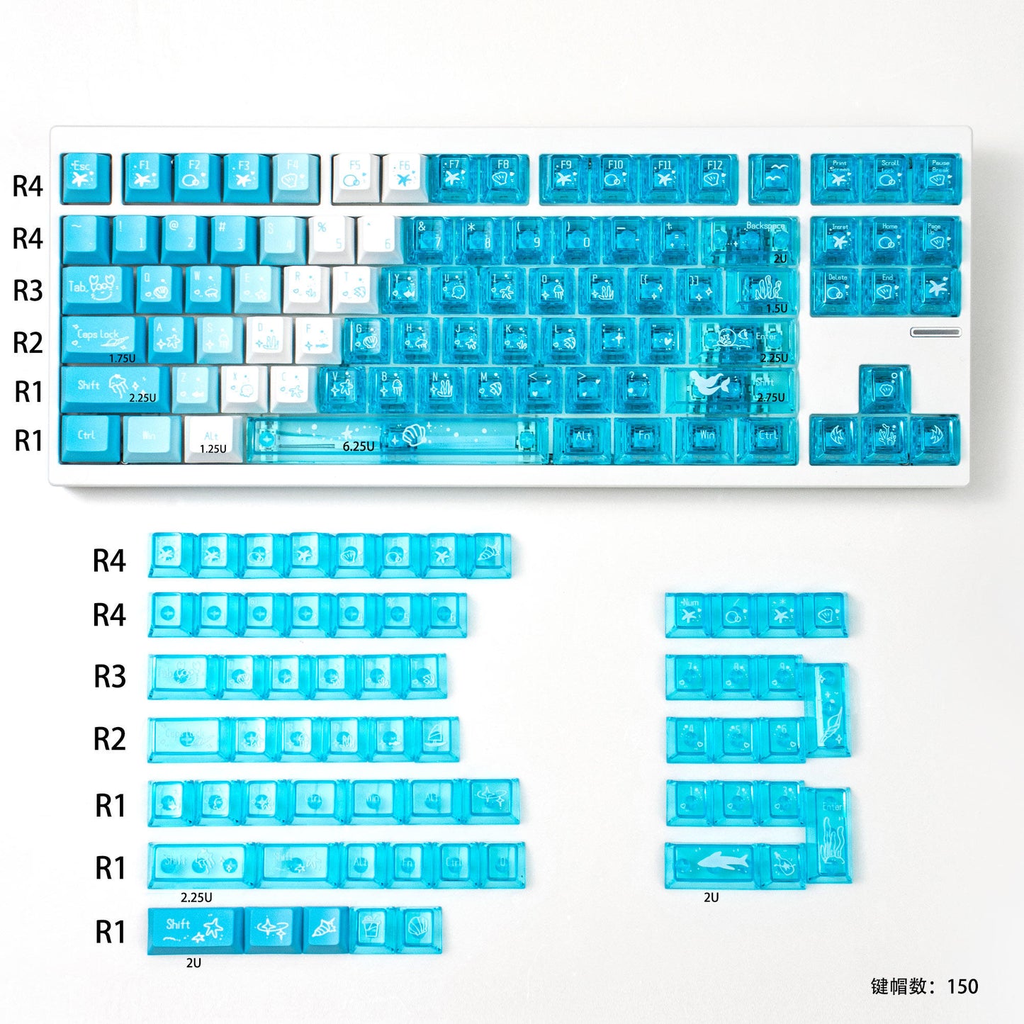 Set of blue keyboard keycaps on a white background