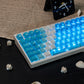 Mechanical keyboard with blue and white keys on a dark surface, surrounded by keycaps.