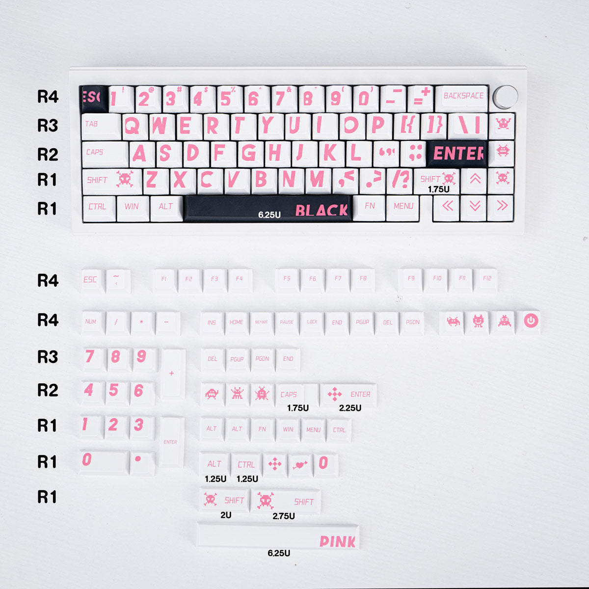 Keyboard layout with pink lettering on a white background