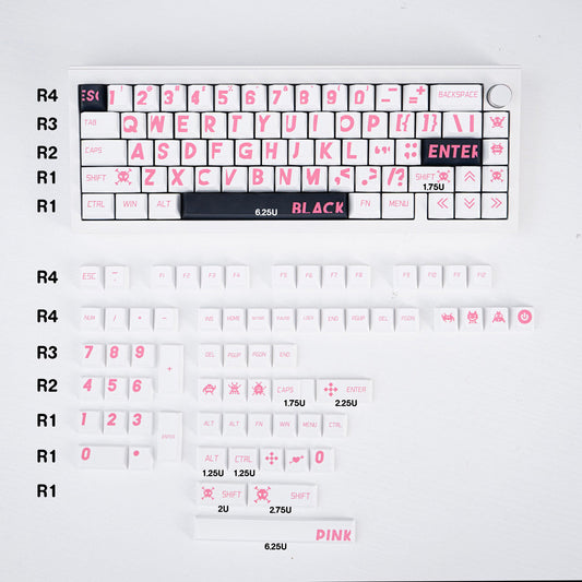 Keyboard layout with pink lettering on a white background