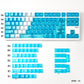 Set of blue keyboard keycaps on a white background with labeled rows.