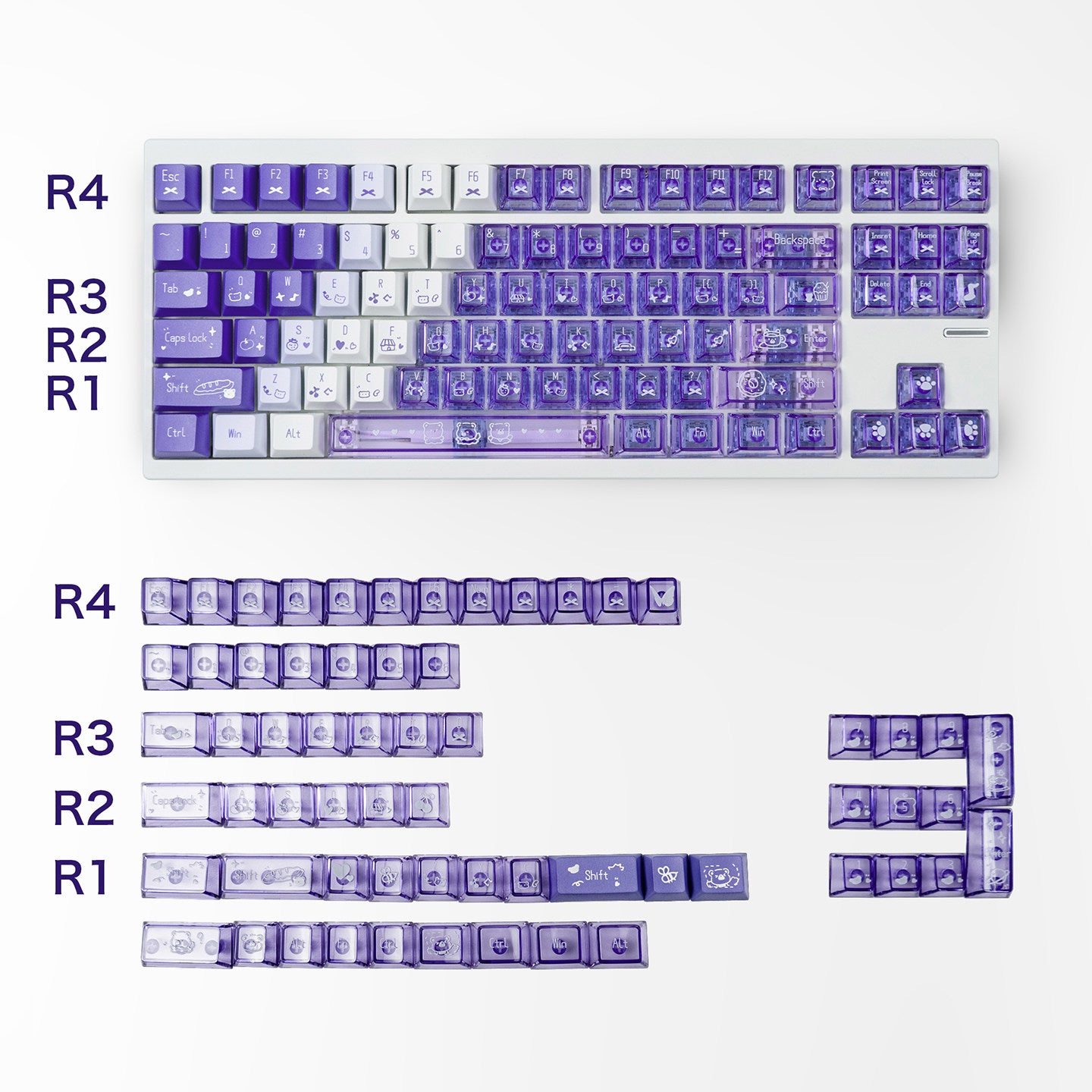 Keyboard with purple keycaps on a white background