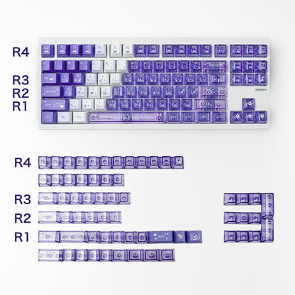 Keyboard with purple keycaps on a white background